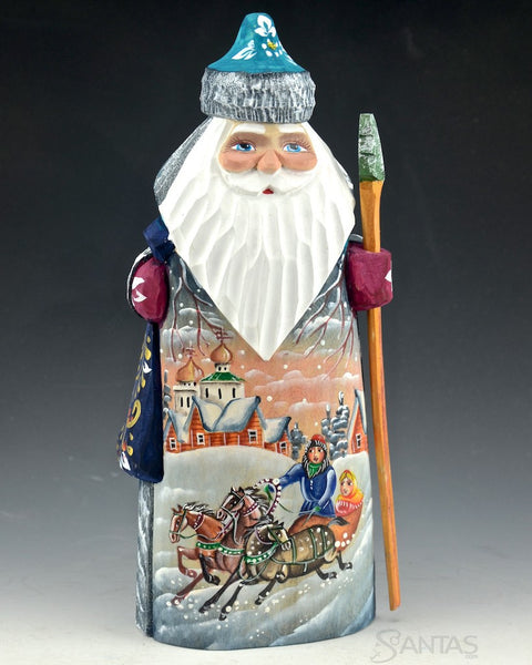 Small Blue russian Santa with Winter Scene