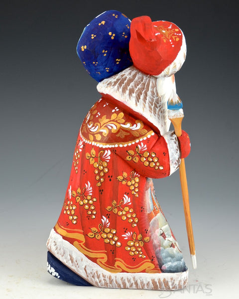 Red Russian Santa Walking with Toy Bag
