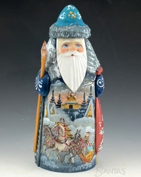 Small Blue Russian Santa with Troika Scene