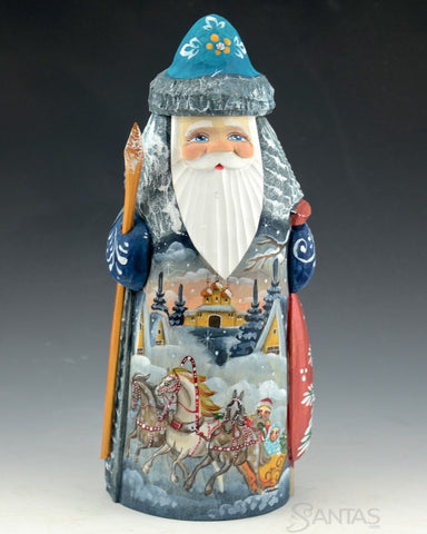 Small Blue Russian Santa with Troika Scene