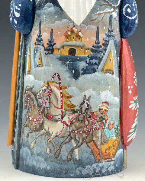 Small Blue Russian Santa with Troika Scene