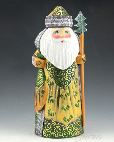 Small Decorative Green and Gold Russian Santa with Staff