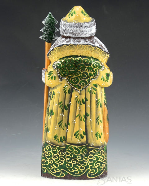Small Decorative Green and Gold Russian Santa with Staff
