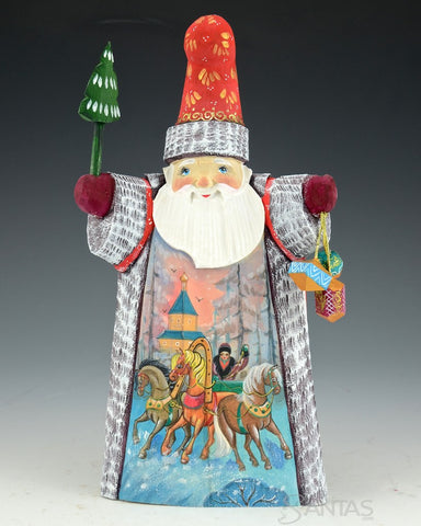 Red Tall Hat Russian Santa with Troika and Gifts