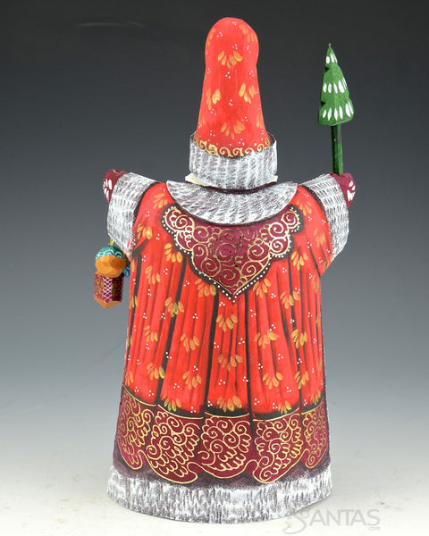 Red Tall Hat Russian Santa with Troika and Gifts