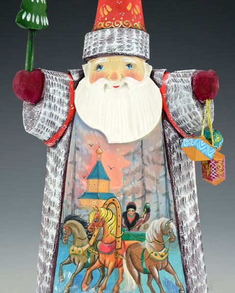 Red Tall Hat Russian Santa with Troika and Gifts