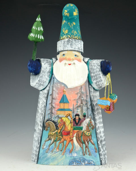 Teal Tall Hat Russian Santa with Troika Scene
