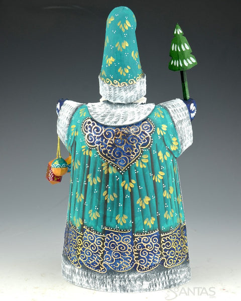 Teal Tall Hat Russian Santa with Troika Scene