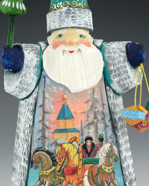 Teal Tall Hat Russian Santa with Troika Scene