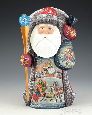 Scenic Russian Santa with Birds on Toy Bag