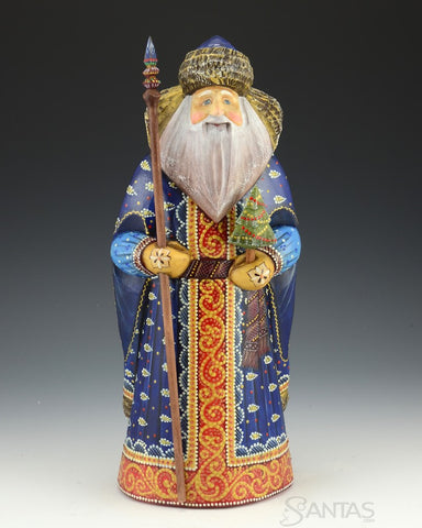 Blue and Gold Trimmed Russian Santa with Staff