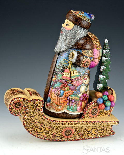 Wood Burned Scenic Russian Santa on Sleigh