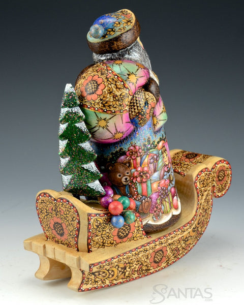 Wood Burned Scenic Russian Santa on Sleigh