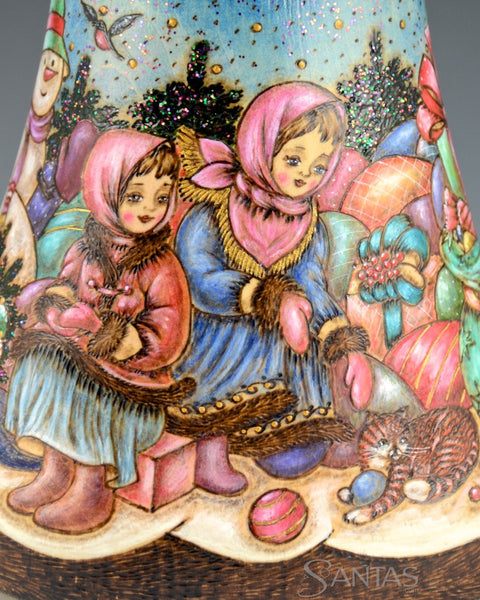 Russian Scenic Wood Burned Santa with Toys