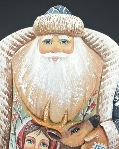 Scenic Russian Santa with Child and Relief Carved Deer