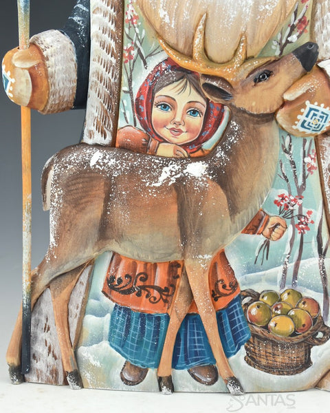 Scenic Russian Santa with Child and Relief Carved Deer