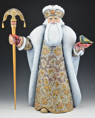 Partridge and Peace Bronze Russian Santa Carving 20"