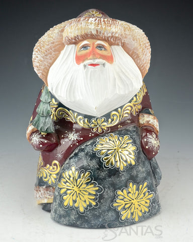 Burgundy and Gold Carved Russian Santa Sitting on a Log