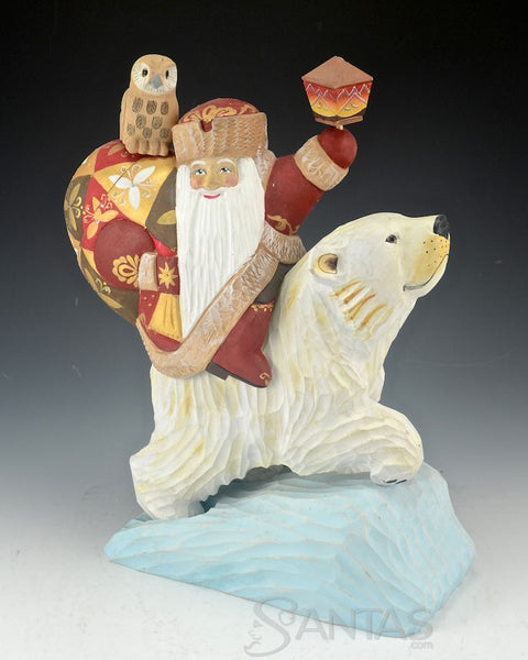 Santa Riding Polar Bear - Secret Box - Carved Russian Santa