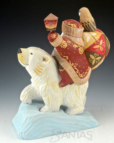 Santa Riding Polar Bear - Secret Box - Carved Russian Santa