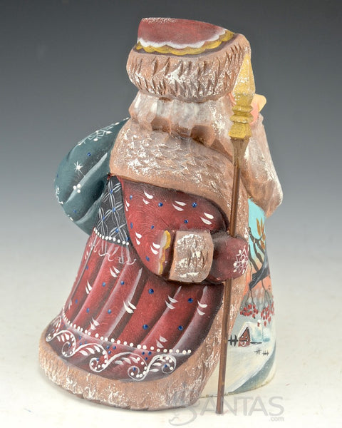 Russian Santa Claus with Snowbird Scene and toy bag