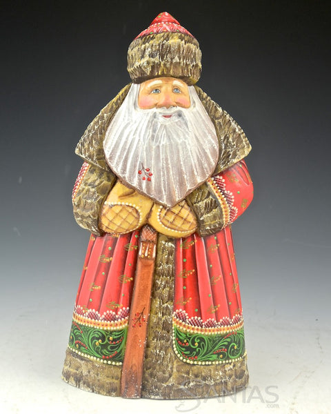 Frosted Red Green and Gold Russian Santa Carving with Staff