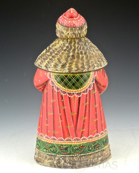Frosted Red Green and Gold Russian Santa Carving with Staff