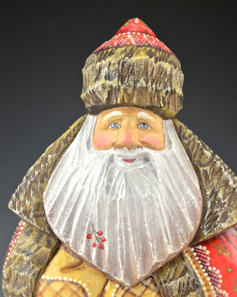 Frosted Red Green and Gold Russian Santa Carving with Staff