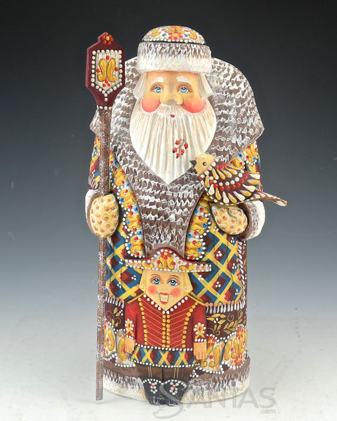 Colorful Russian Santa Carving with Nutcracker and Bird