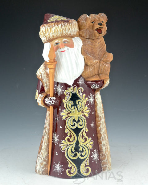 Burgundy and Gold Carved Russian Santa with Bear 9 inch
