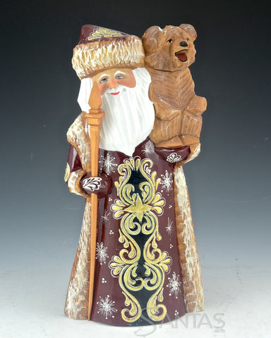 Burgundy and Gold Carved Russian Santa with Bear 9 inch