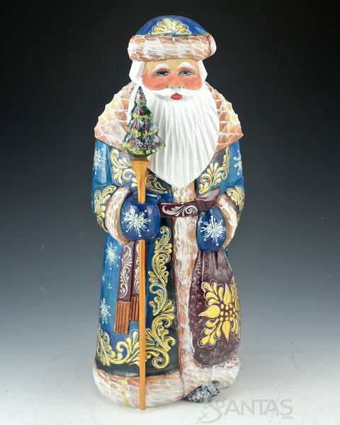 Tall Blue and Gold Carved Russian Santa with Staff 11 inch