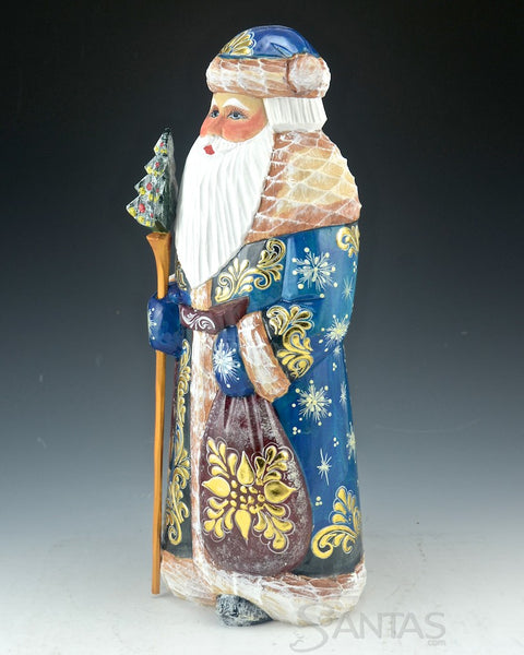 Tall Blue and Gold Carved Russian Santa with Staff 11 inch