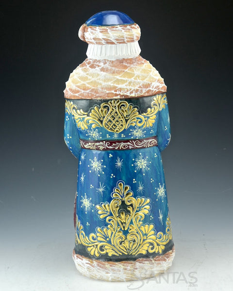 Tall Blue and Gold Carved Russian Santa with Staff 11 inch