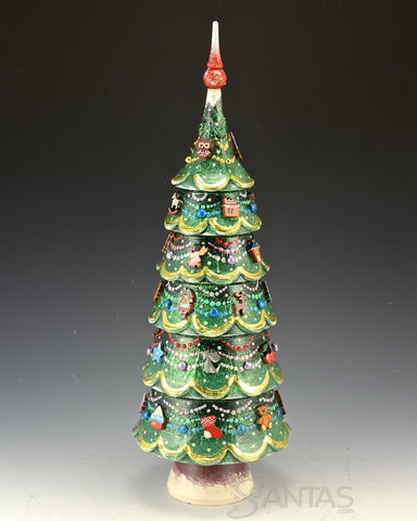 13 inch Carved Wooden Tree with Nesting Dolls