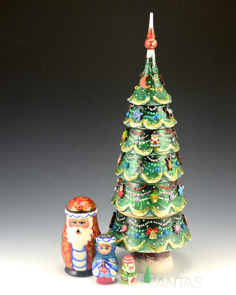 13 inch Carved Wooden Tree with Nesting Dolls