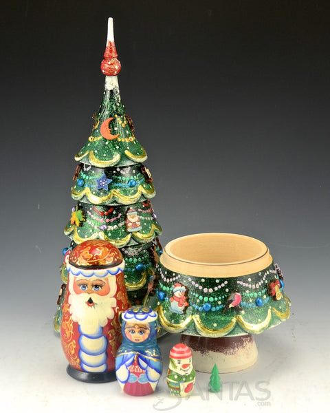 13 inch Carved Wooden Tree with Nesting Dolls