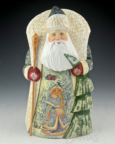 Russian Santa Carving with Tree and Snowmaiden Scene