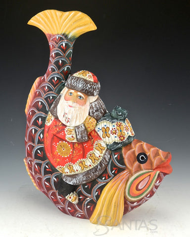 Santa and the Christmas Fish Hand Carved Russian Santa
