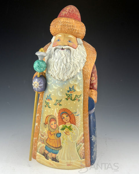 Gold Trimmed Scenic Russian Santa Claus with Staff and Toy Bag
