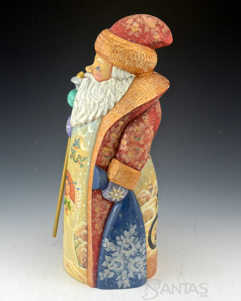 Gold Trimmed Scenic Russian Santa Claus with Staff and Toy Bag
