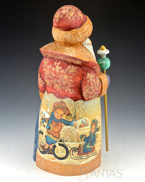 Gold Trimmed Scenic Russian Santa Claus with Staff and Toy Bag