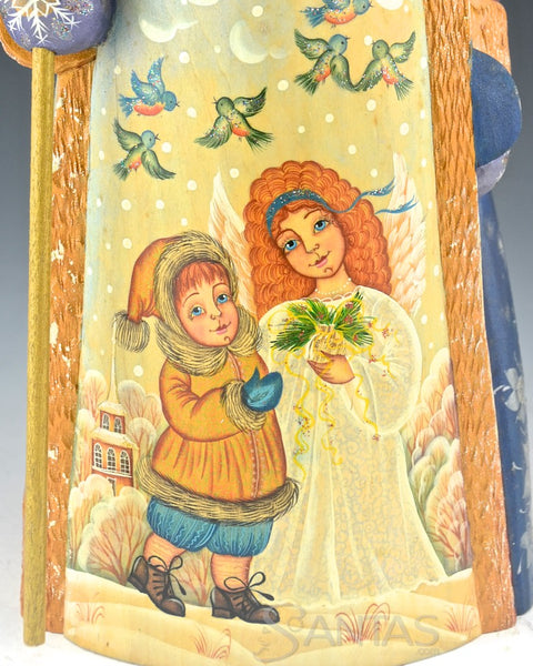 Gold Trimmed Scenic Russian Santa Claus with Staff and Toy Bag