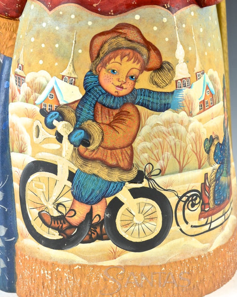 Gold Trimmed Scenic Russian Santa Claus with Staff and Toy Bag