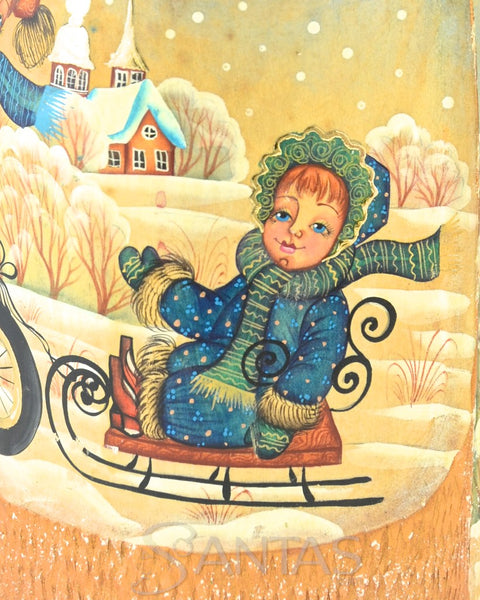 Gold Trimmed Scenic Russian Santa Claus with Staff and Toy Bag