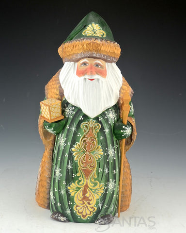 Stout Green and Gold Russian Santa with Gift and Staff