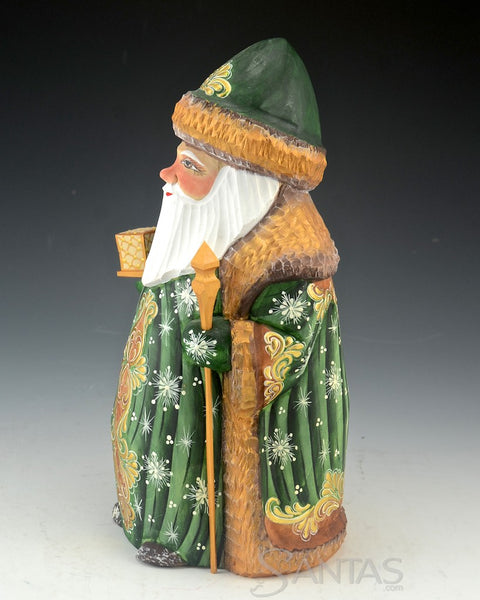 Stout Green and Gold Russian Santa with Gift and Staff