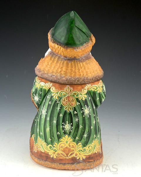 Stout Green and Gold Russian Santa with Gift and Staff