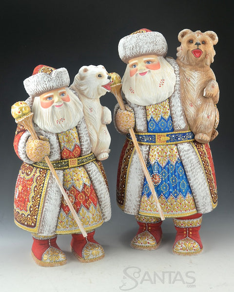 Colorful Red and Blue Russian Santa Carving with Bear