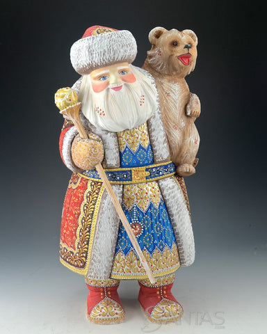 Colorful Red and Blue Russian Santa Carving with Bear